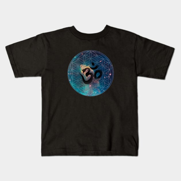 Om in Nebula Flower of Life Kids T-Shirt by Bluepress